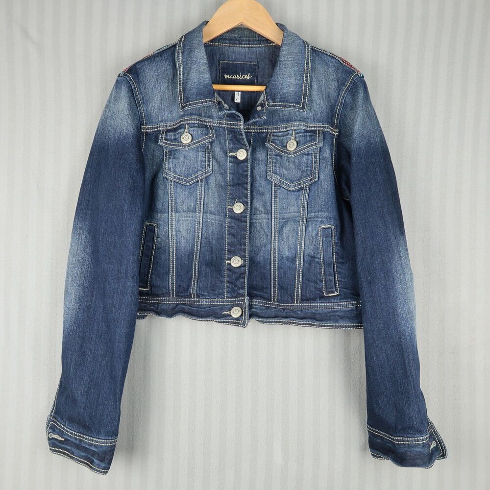 Maurices Denim Trucker Jacket Women XL Southwestern Embroidered Stretch Jean